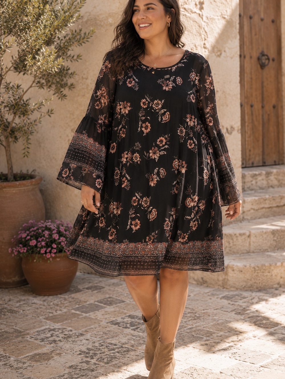 Style & Co Floral Bell Sleeve Dress Black Large Boho Cottagecore Chic Whimsigoth